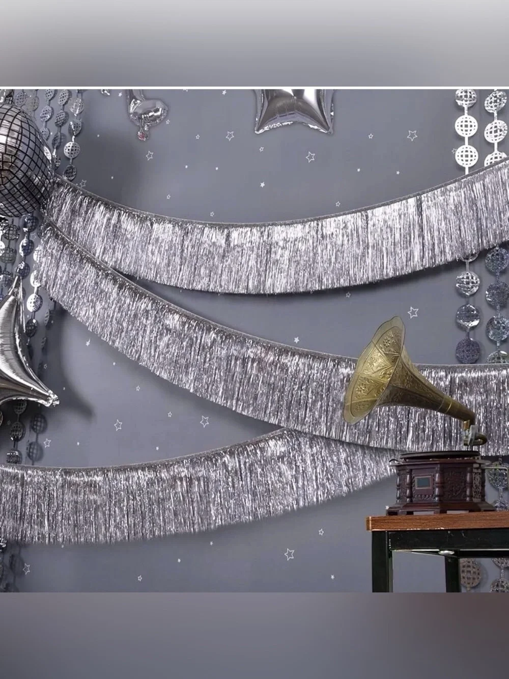 Silver Metallic Party Foil Fringe Banner Garland– Party Decoration, 9.84”x118”